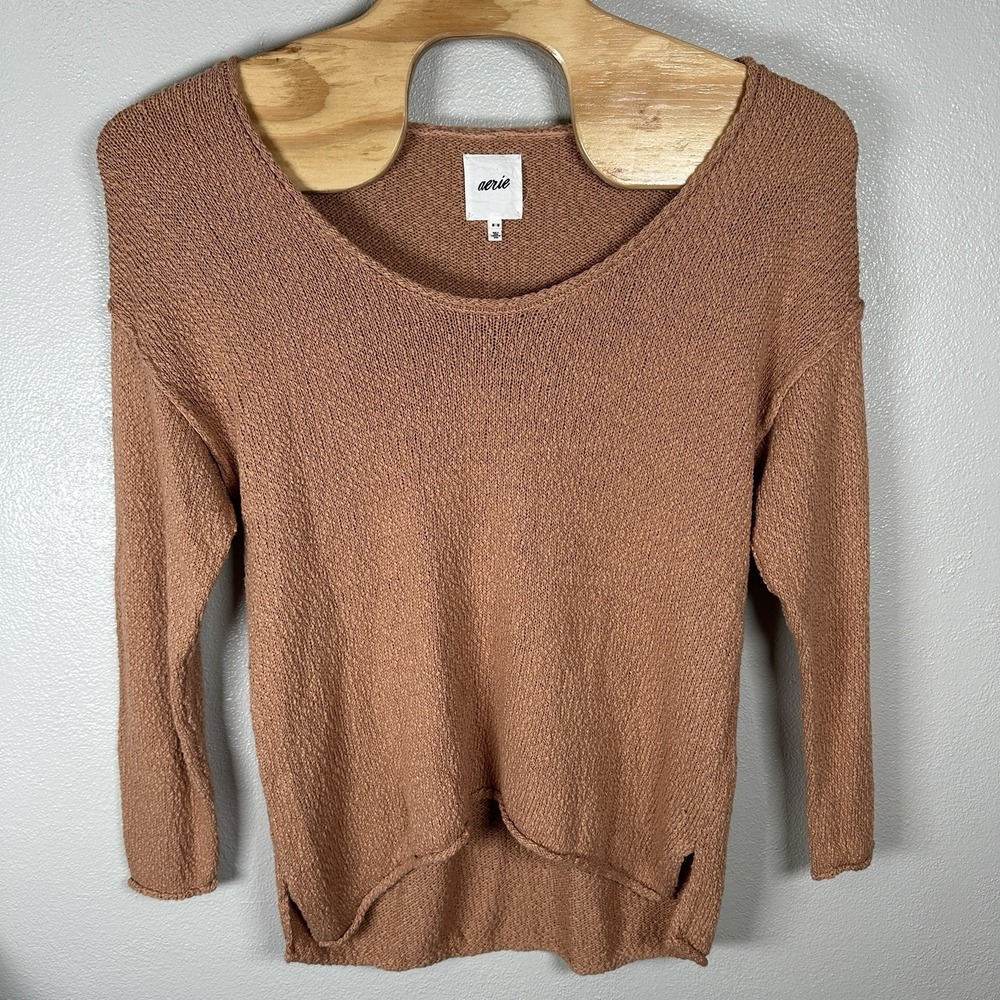 Aerie Oversized Voop Knit Sweater Womens Medium Tan Cotton Blend Beachy Coverup